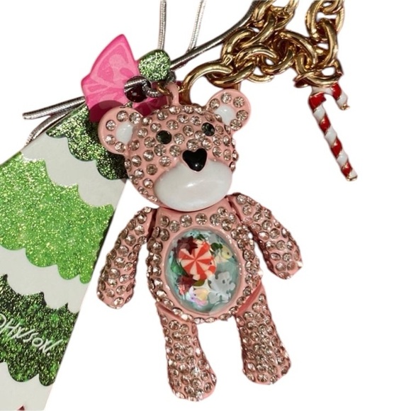 BETSEY JOHNSON Christmas Teddy Bear Pink Inlay Crystal Necklace Belly Charms NWT - Picture 2 of 9